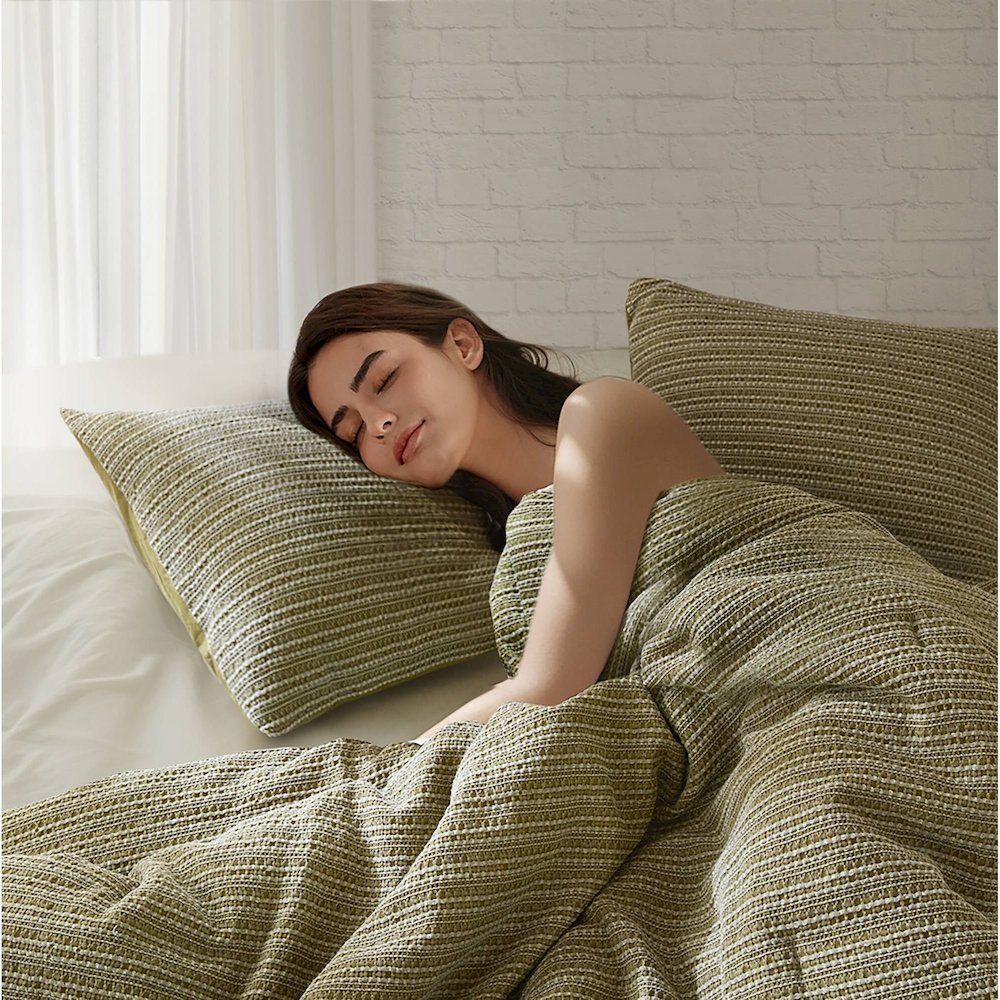 Lyon Waffle Washed Comforter Set, Green color. Picture 5