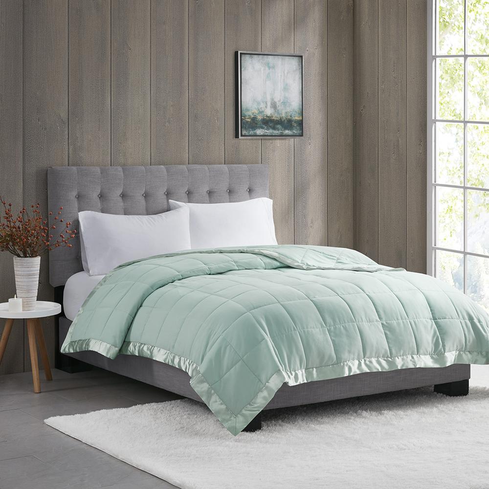 Lightweight Down Alternative Blanket with Satin Trim. Picture 4