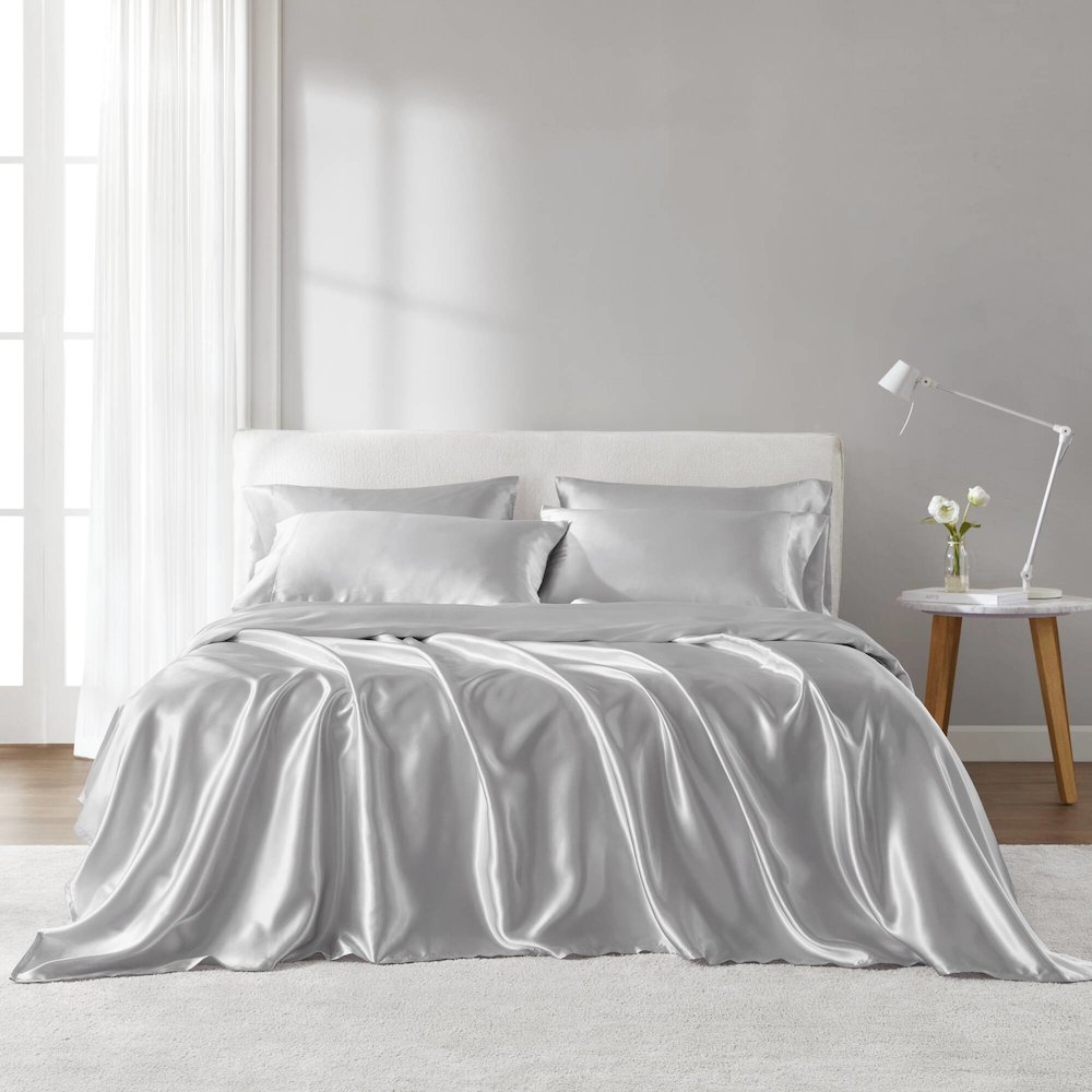 Satin Luxury 6 PC Sheet Set, Light Grey color. Picture 1