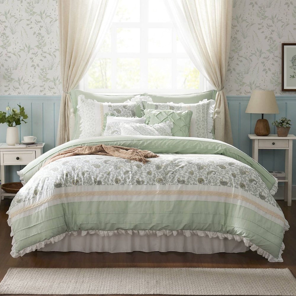 Dawn 9 Piece Cotton Percale Comforter Set, Sage Green color. Picture 1