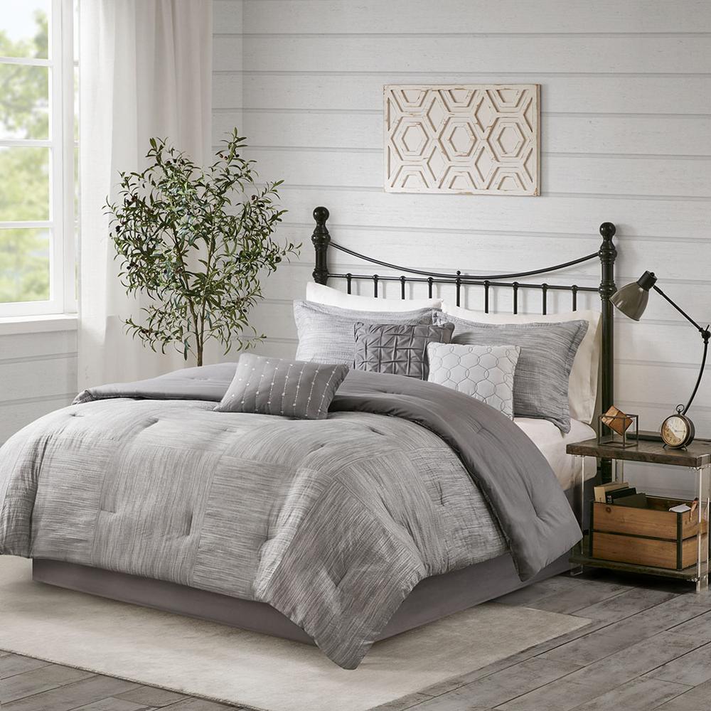 Walter 7 Piece Printed Seersucker Comforter Set, Grey color. Picture 4