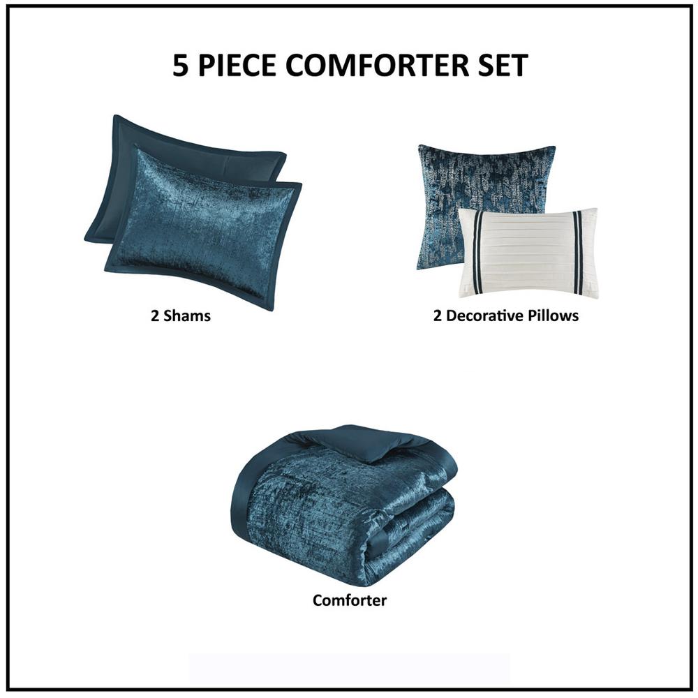 Lee 5 Piece Crinkle Velvet Comforter Set, Teal color. Picture 1