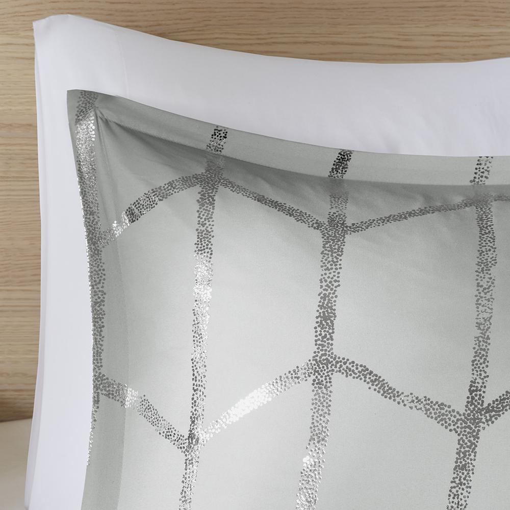 Raina Metallic Printed Duvet Cover Set, Grey/Silver color. Picture 5