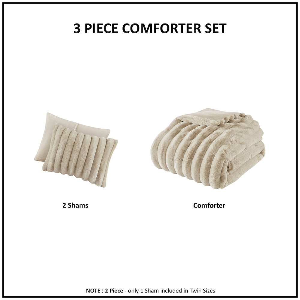 Jasmine 3 Piece Faux Fur Comforter Set in Taupe Color. Picture 4