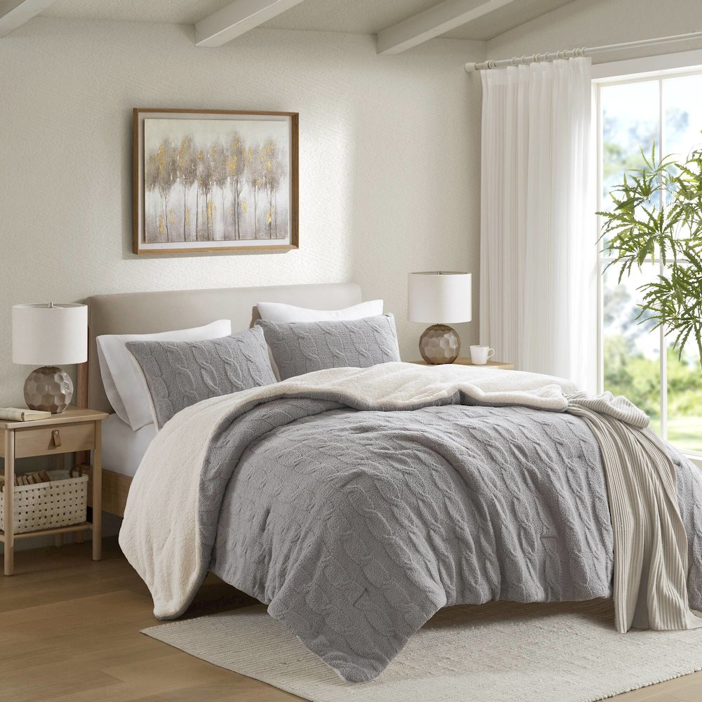 Riordan Cable Knit Chenille Comforter Set, Gray color. Picture 4