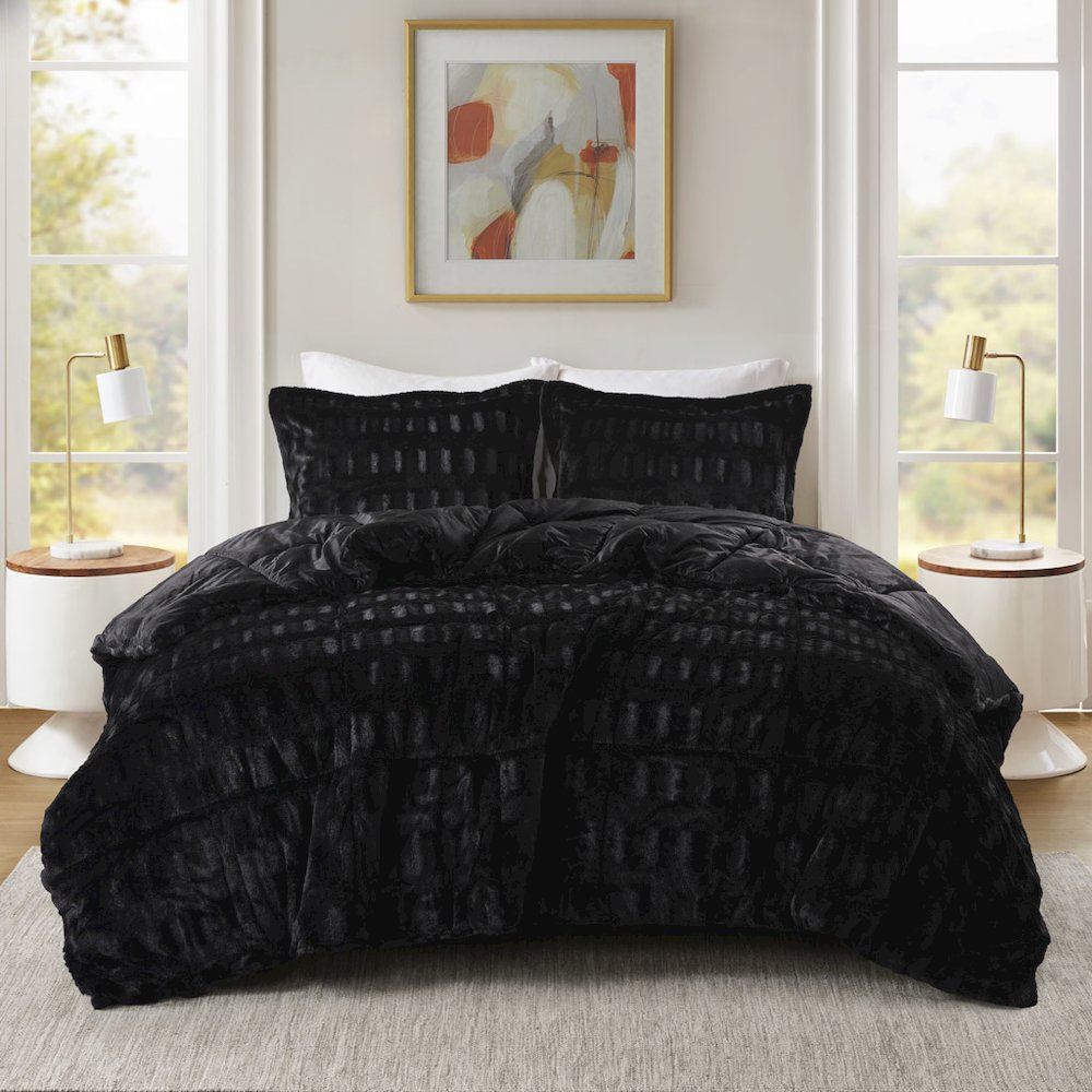 Gia Solid Faux Fur Comforter Mini Set, Black color. Picture 1