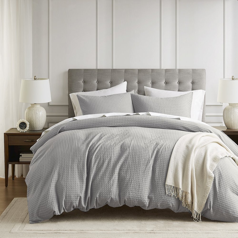 Mina Waffle Weave Textured Duvet Cover Set, Light Grey color. Picture 1