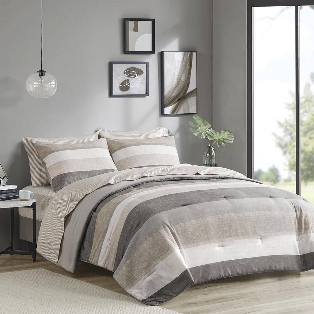 Jaxon Stripe Comforter Set with Bed Sheets, Taupe/Grey color