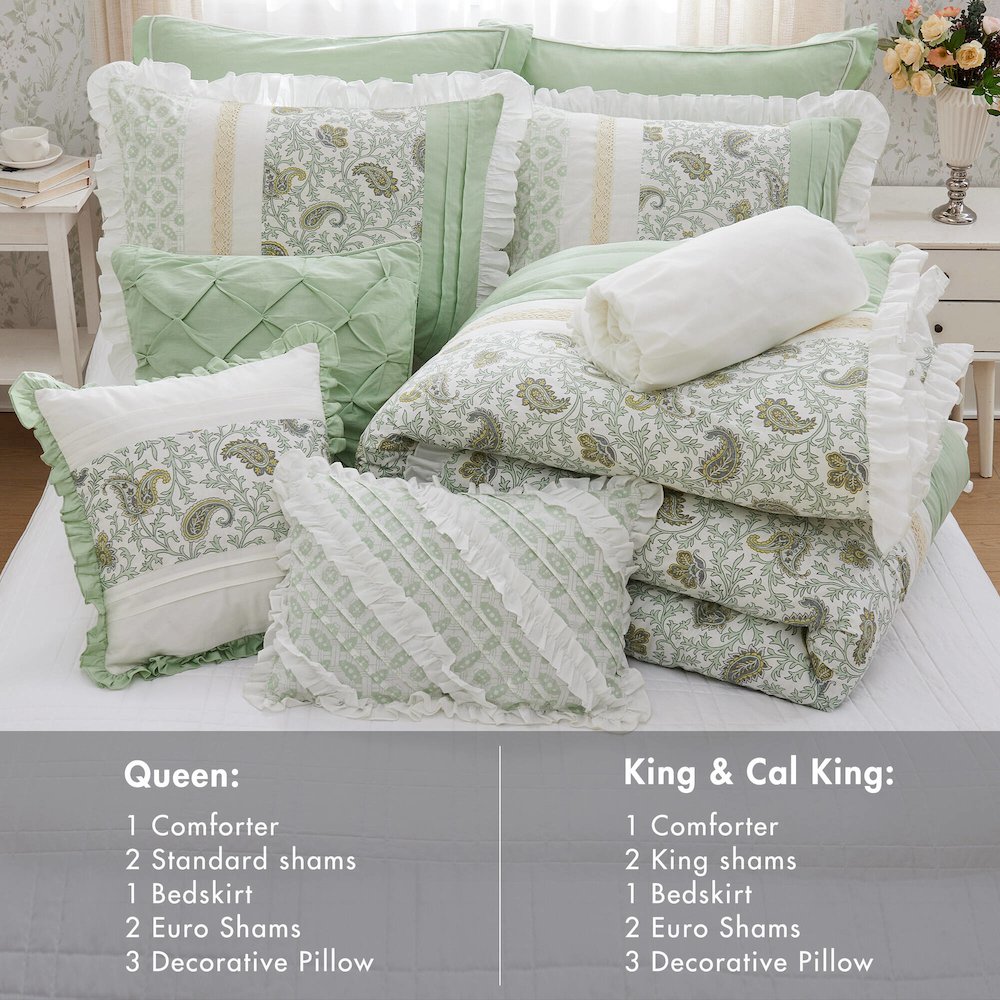Dawn 9 Piece Cotton Percale Comforter Set, Sage Green color. Picture 4