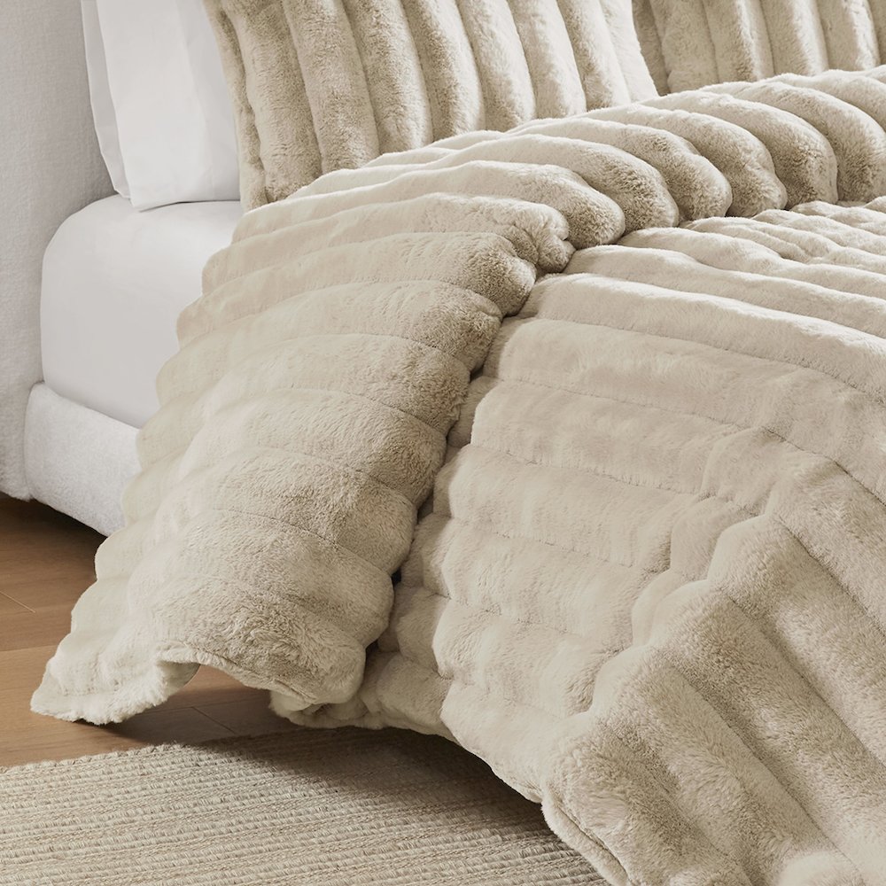 Jasmine 3 Piece Faux Fur Comforter Set in Taupe Color. Picture 5