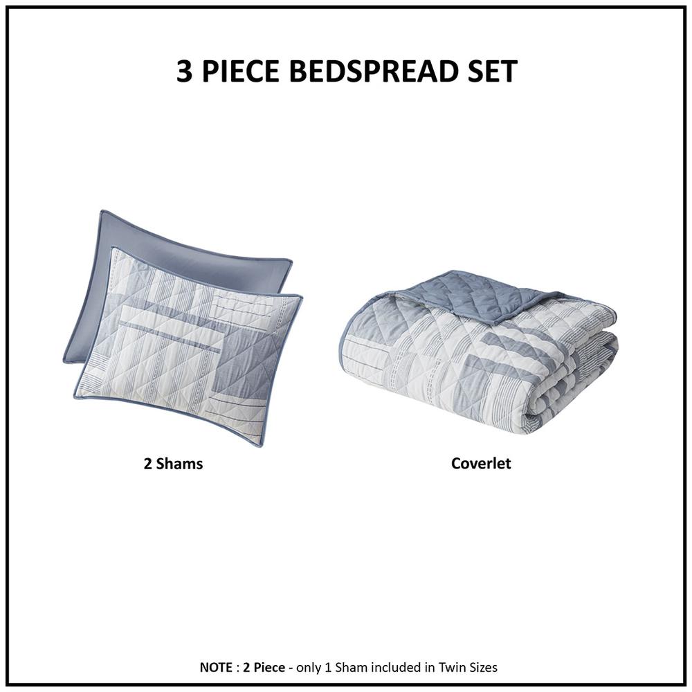 Graham 3 Piece Jacquard Patchwork Quilt Set, Blue color. Picture 1