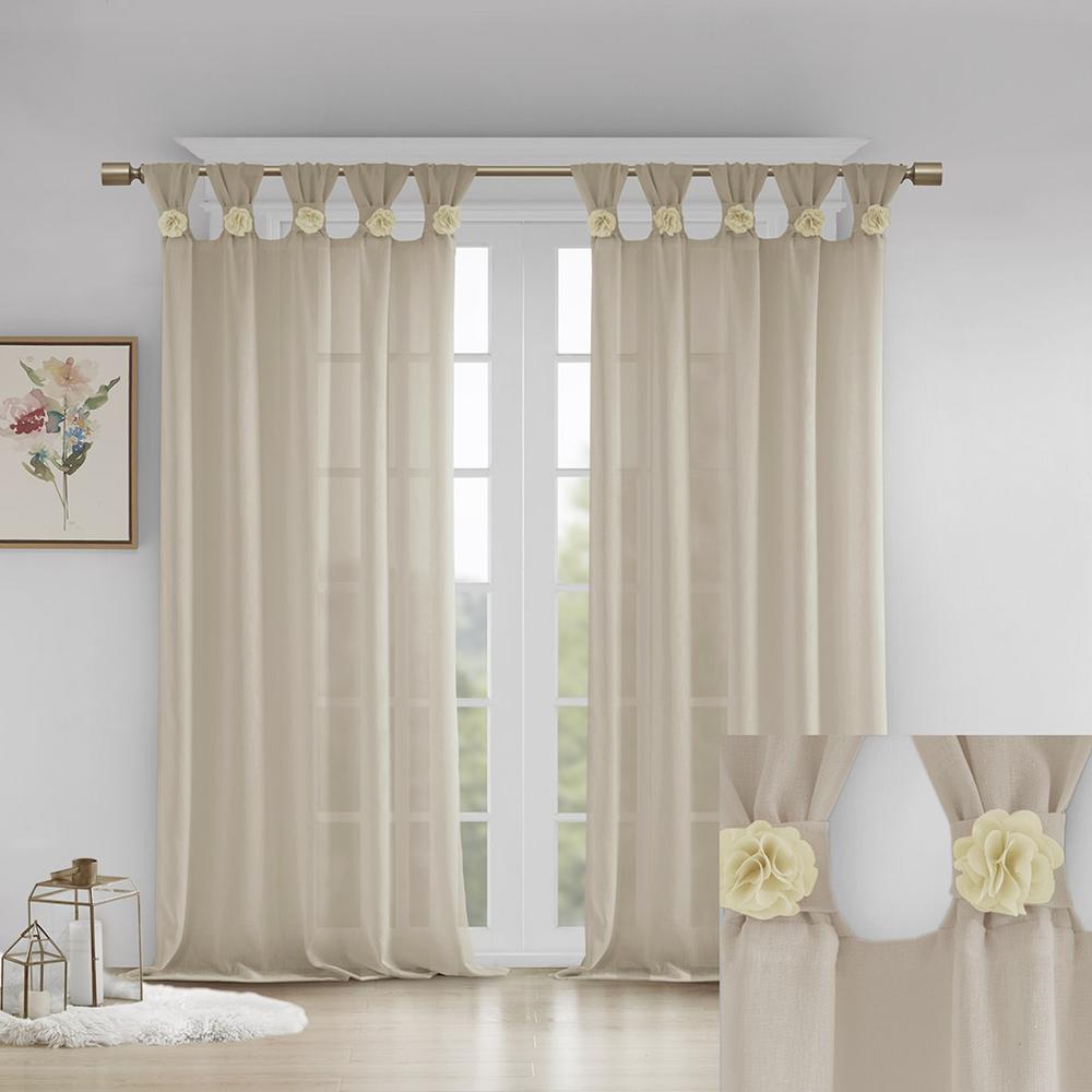 Floral Embellished Cuff Tab Top Solid Curtain Panel. Picture 3