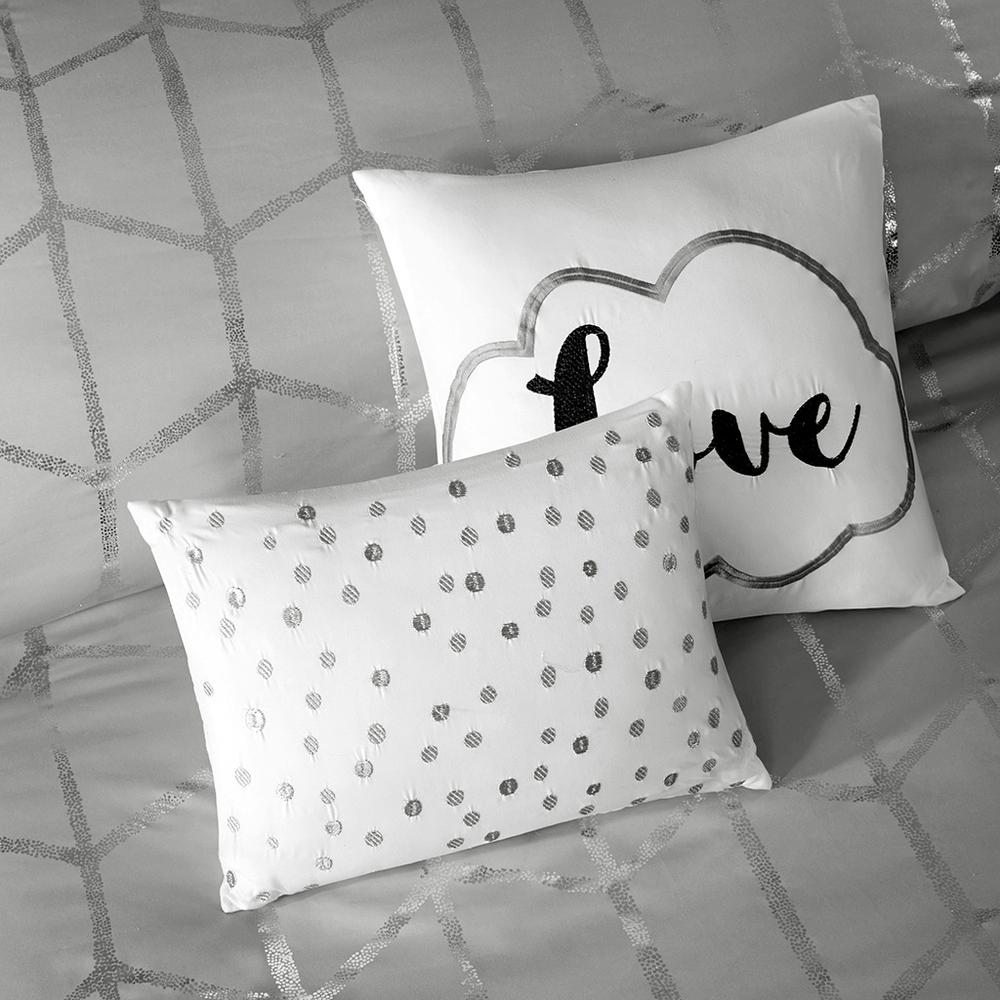 Raina Metallic Printed Duvet Cover Set, Grey/Silver color. Picture 3