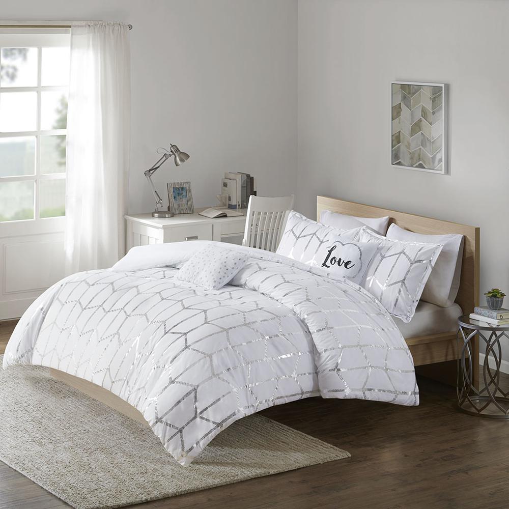 Raina Metallic Printed Comforter Set, White/Silver color. Picture 4