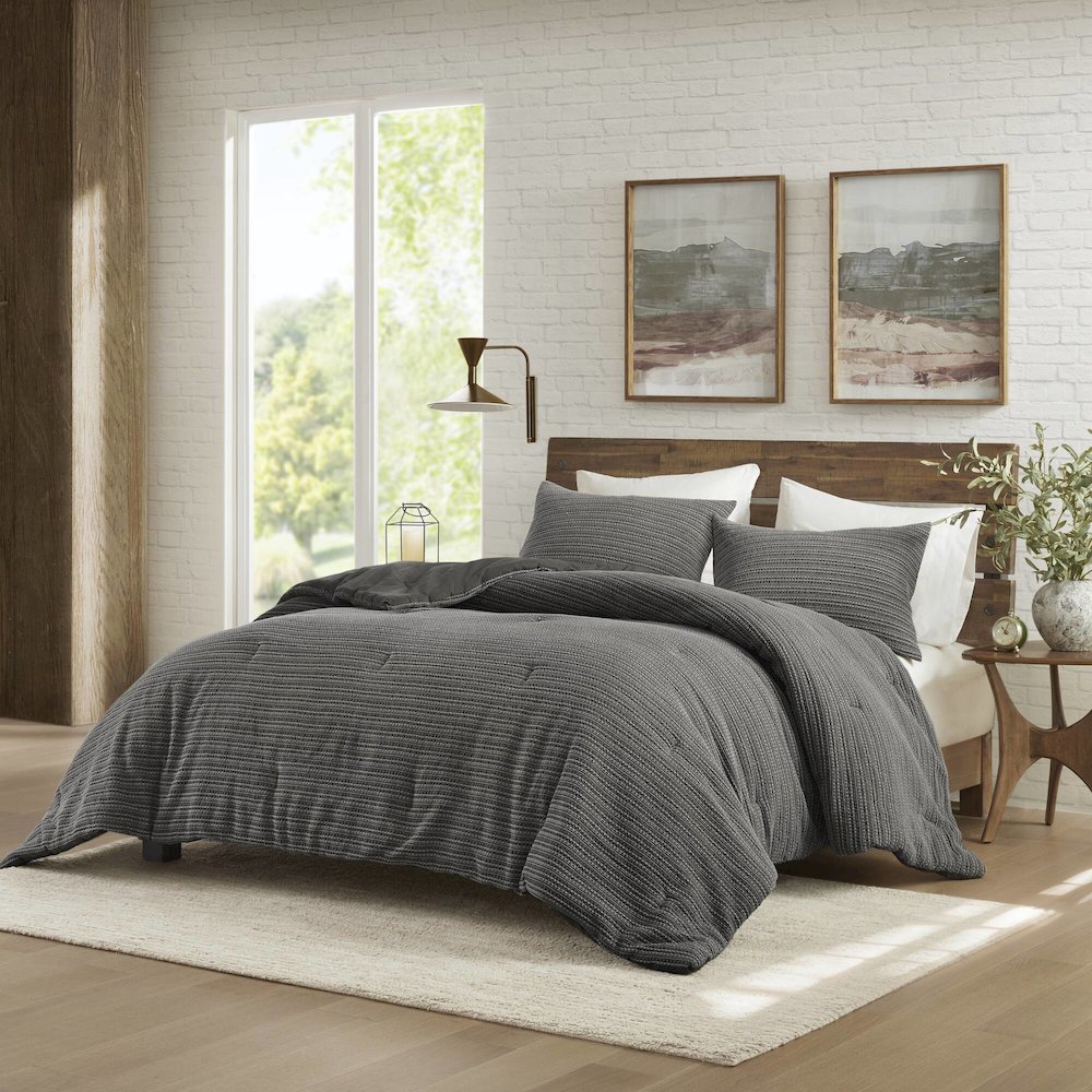 Lyon Waffle Washed Comforter Set, Charcoal color. Picture 1