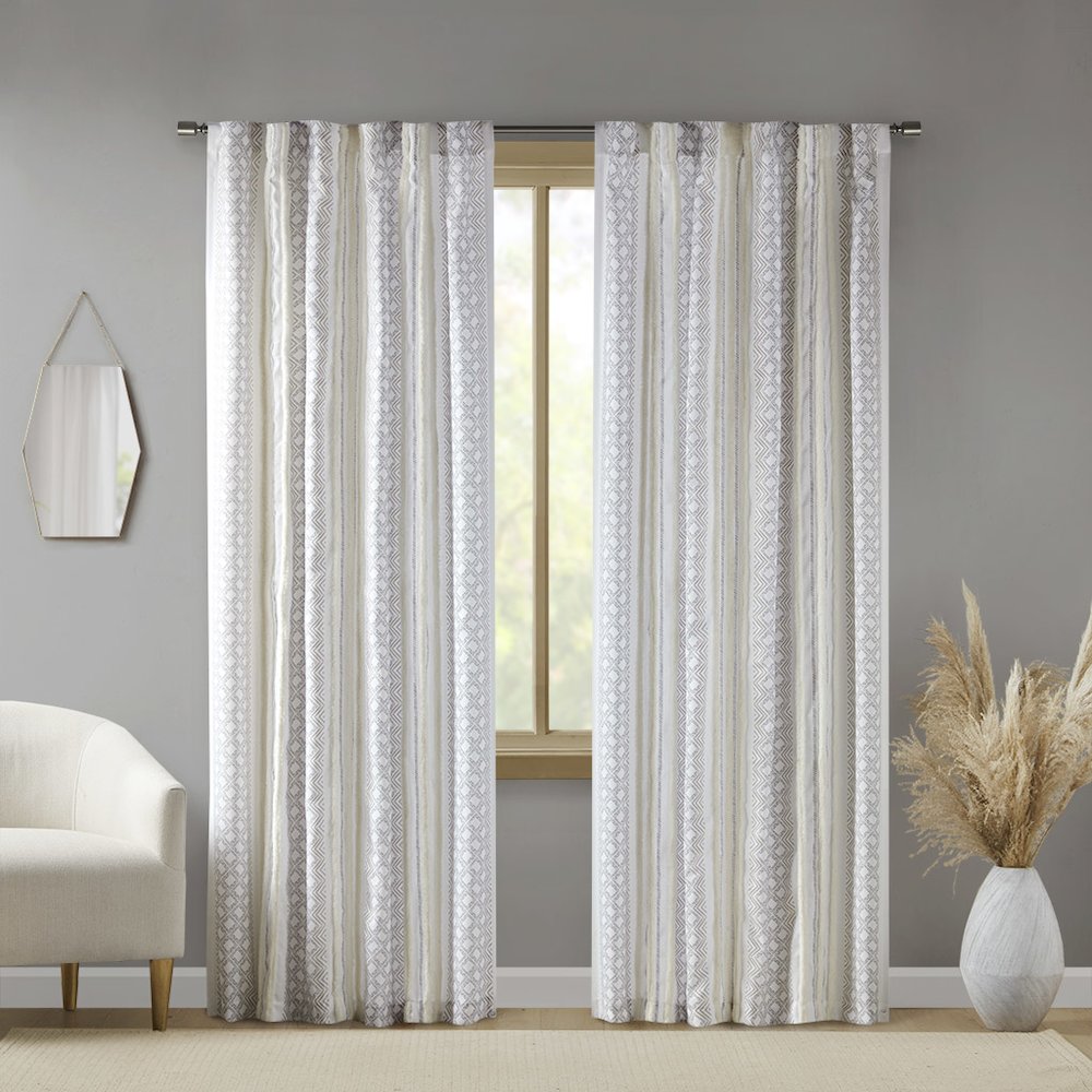 Ebby 2pk Poly Printed Curtain Panel with Tufted Stripe in White/Taupe Color. Picture 4