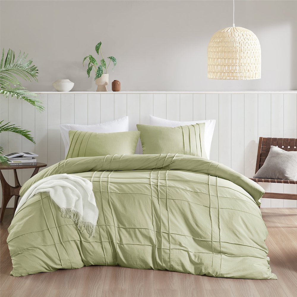 Porter Soft Washed Pleated Duvet Cover Set, Sage color. Picture 1