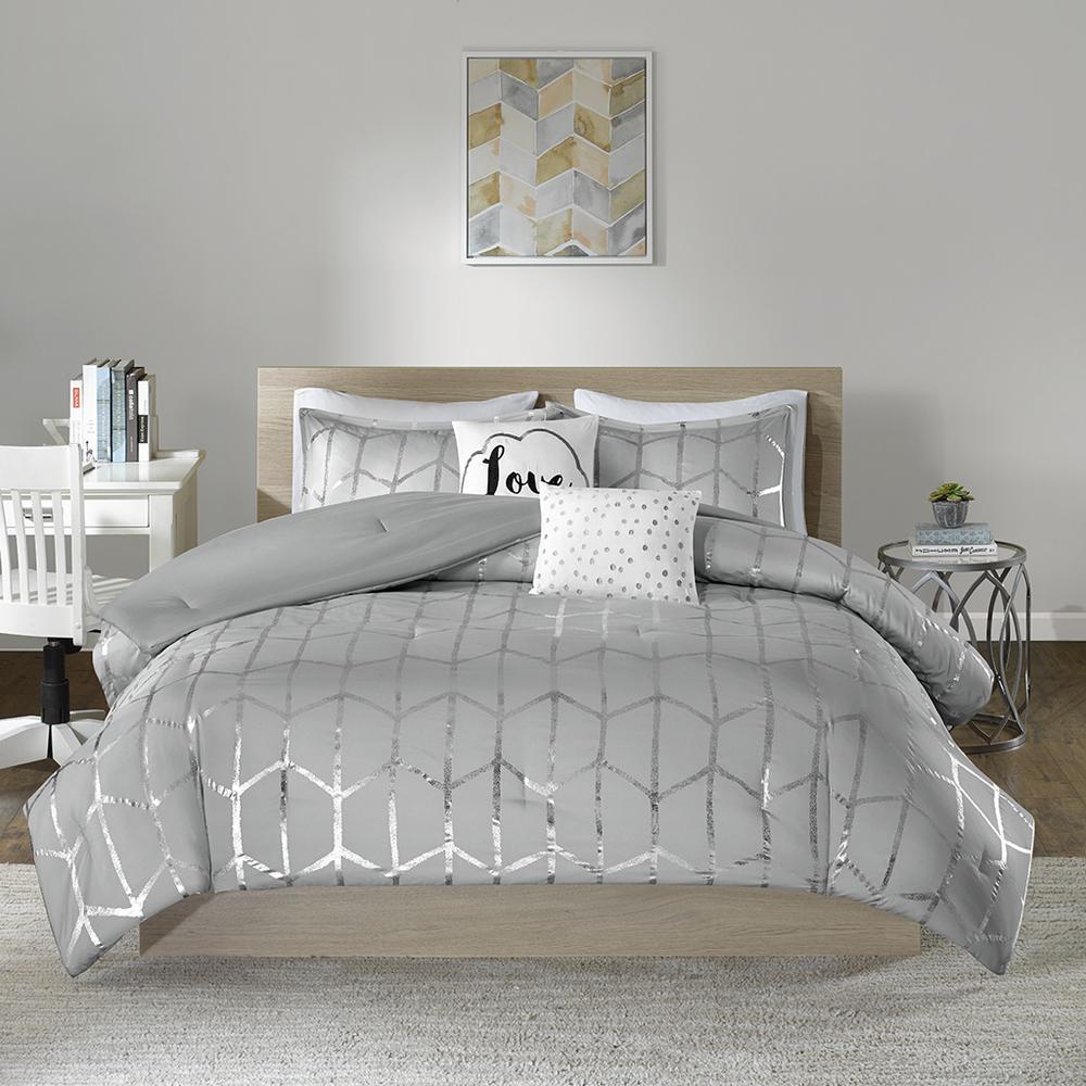 Raina Metallic Printed Comforter Set, Grey/Silver color. Picture 2