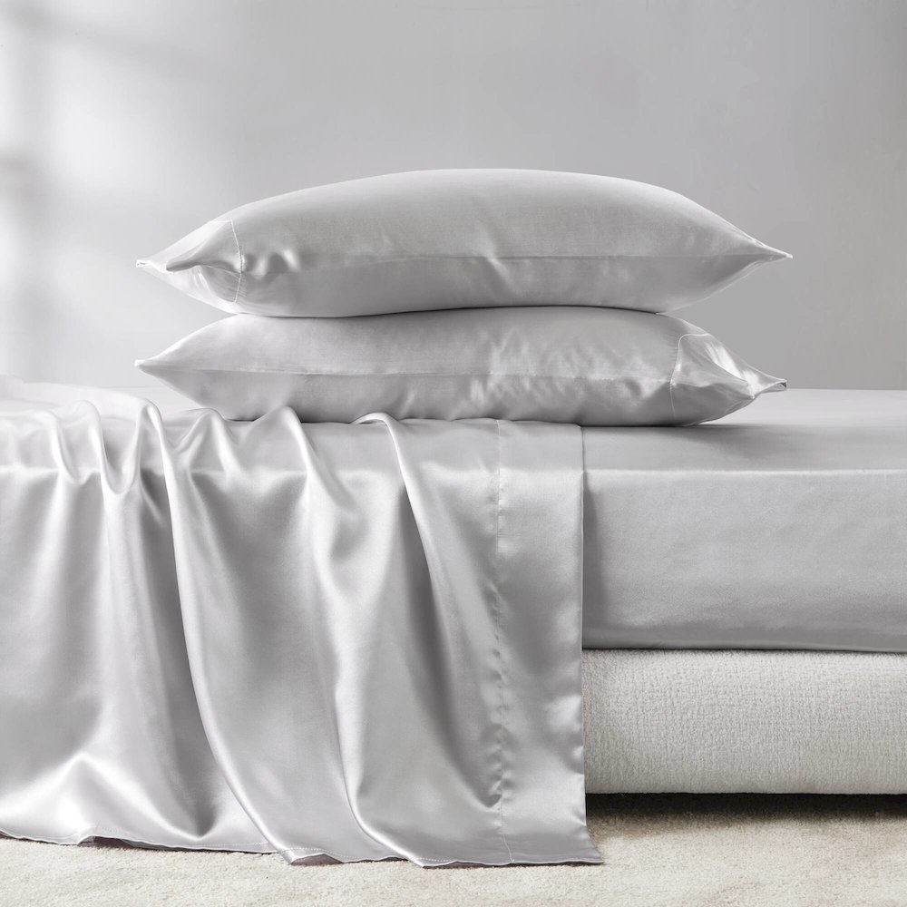 Satin Luxury 6 PC Sheet Set, Light Grey color. Picture 4