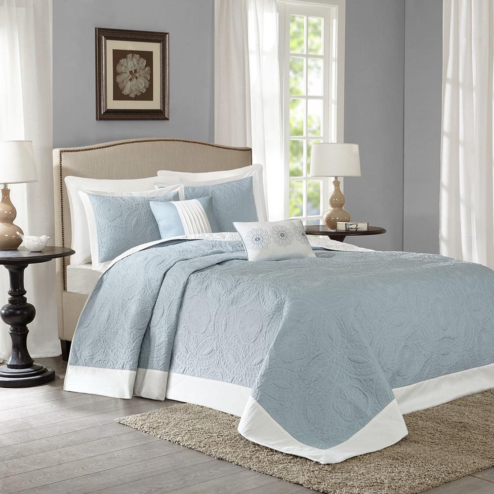 Ashbury 5 Piece Reversible Bedspread Set, Blue color. Picture 4