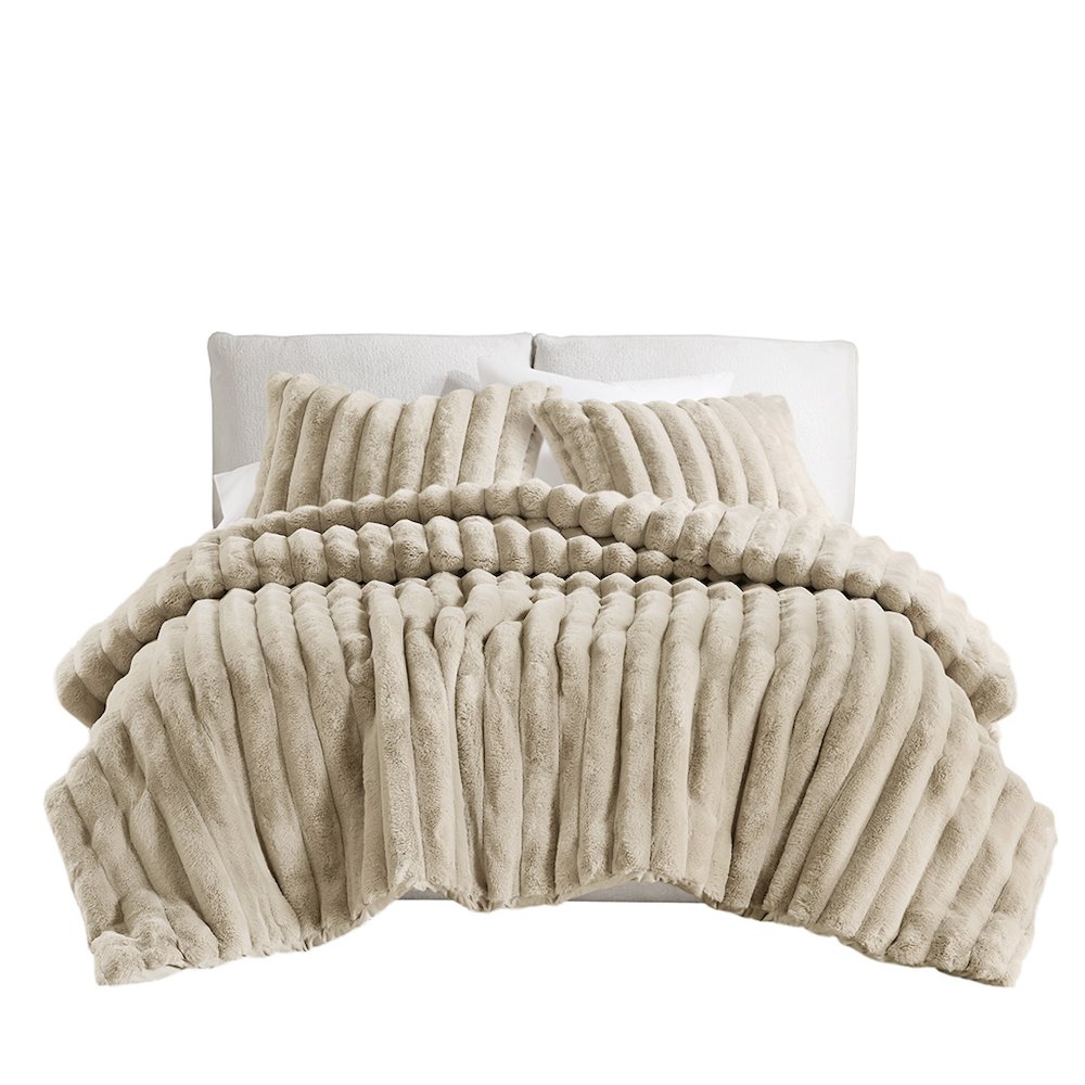 Jasmine 3 Piece Faux Fur Comforter Set in Taupe Color. Picture 1