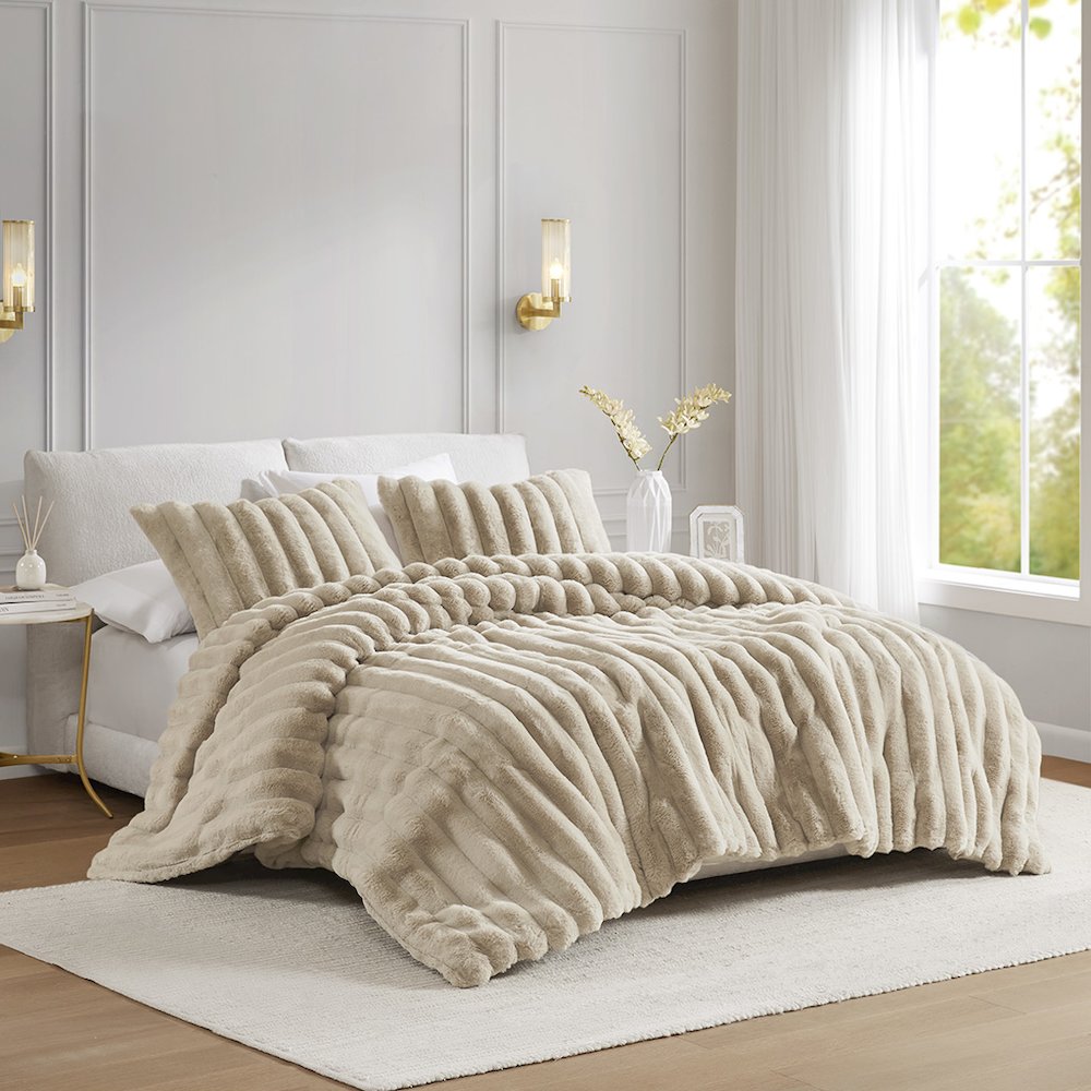 Jasmine 3 Piece Faux Fur Comforter Set in Taupe Color. Picture 2
