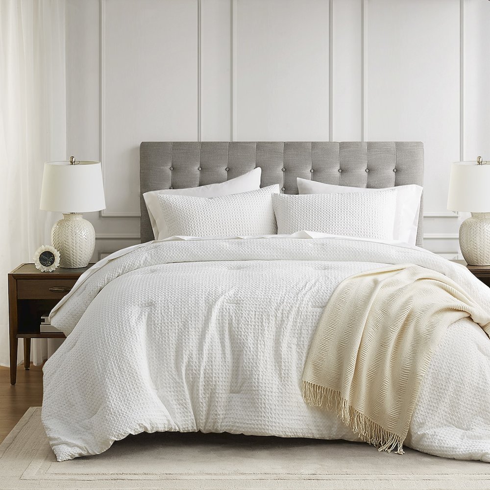 Mina Waffle Weave Textured Comforter Set, White color. Picture 1