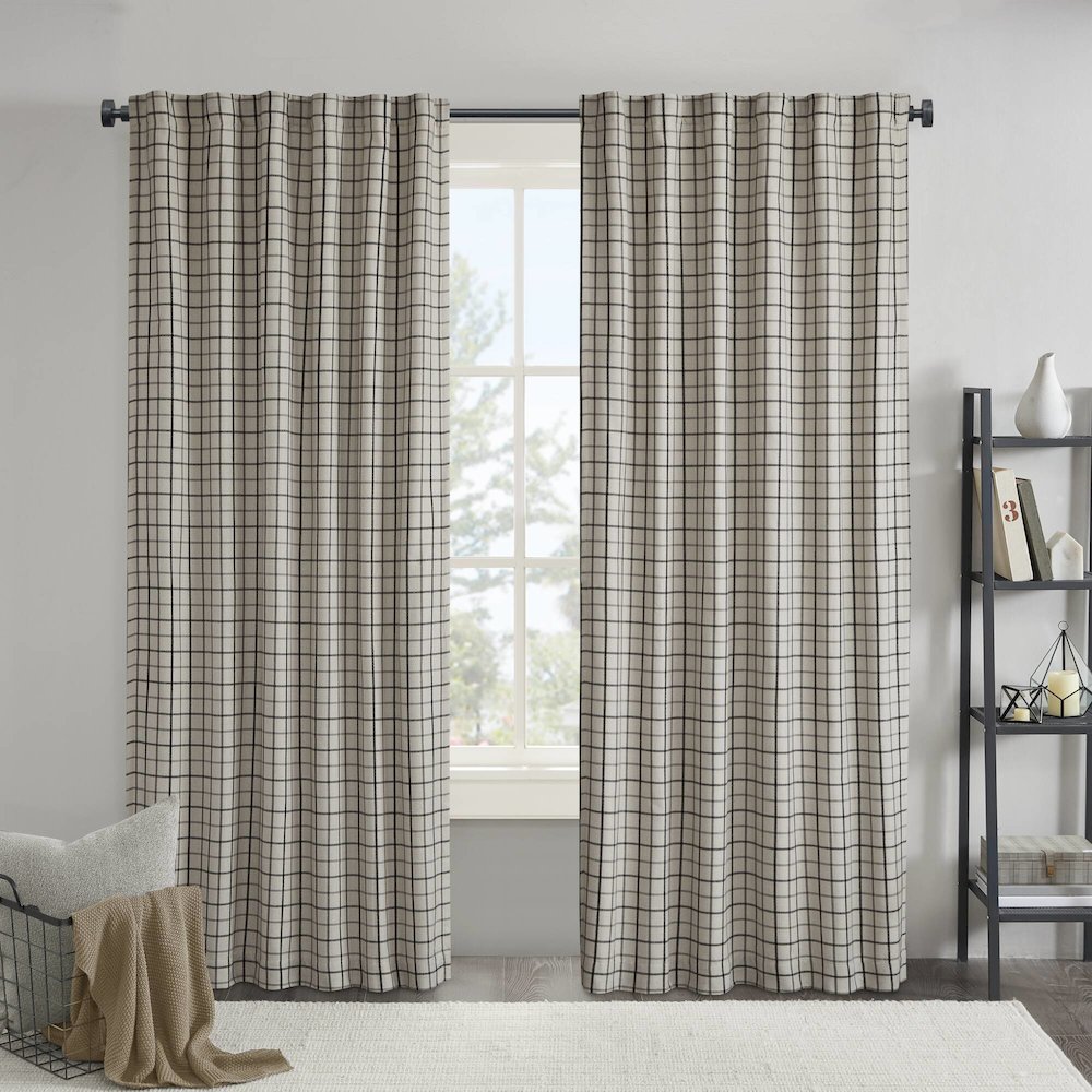 Plaid Rod Pocket and Back Tab Curtain Panel with Fleece Lining. Picture 1