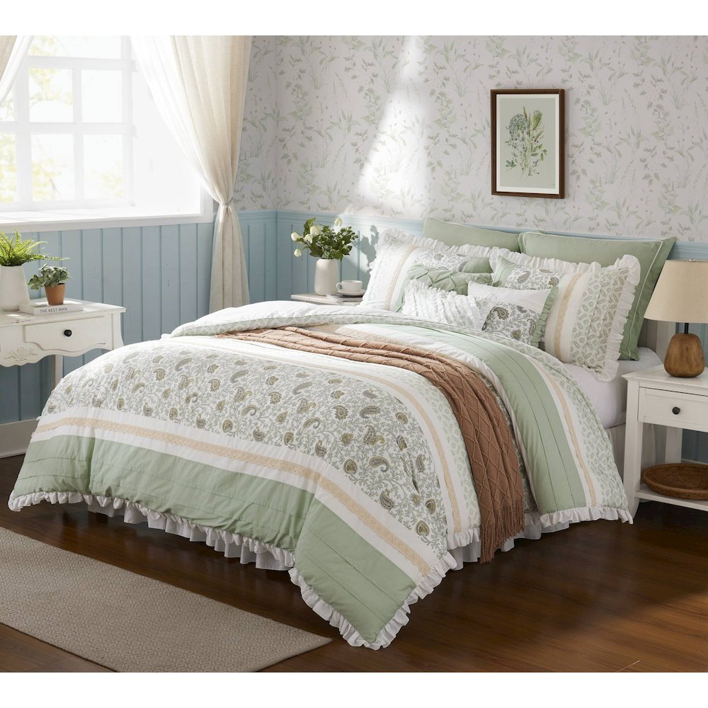 Dawn 9 Piece Cotton Percale Comforter Set, Sage Green color. Picture 2