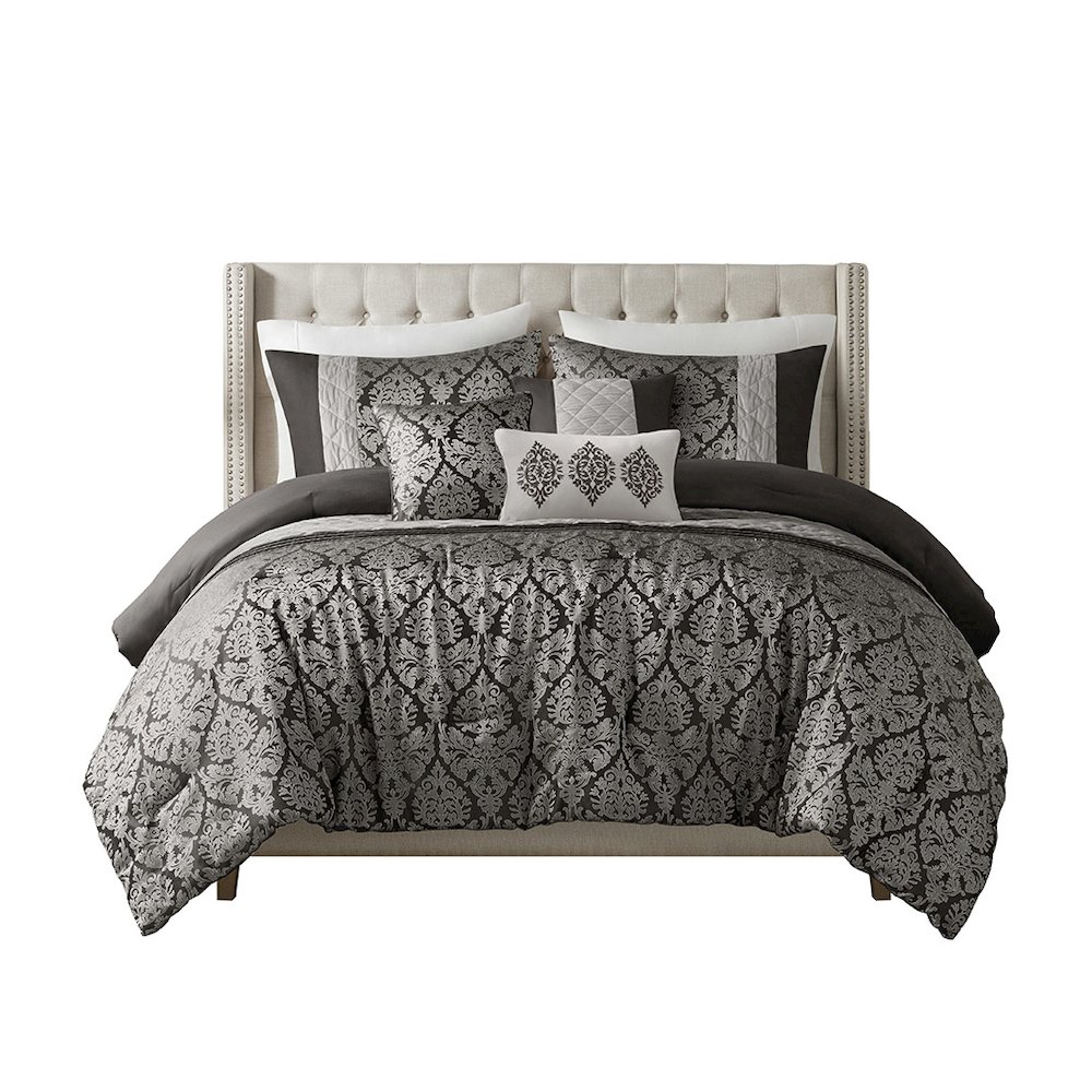 Lily 6 Piece Jacquard Comforter Set with Throw Pillows in Black Color. Picture 1