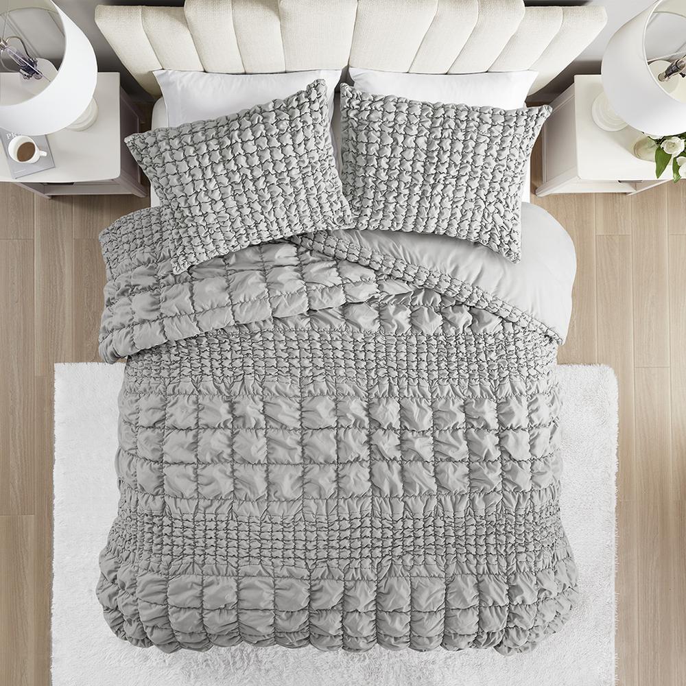 Evelyn 3 Piece Stripe Ruched Comforter Set, Grey color. Picture 3
