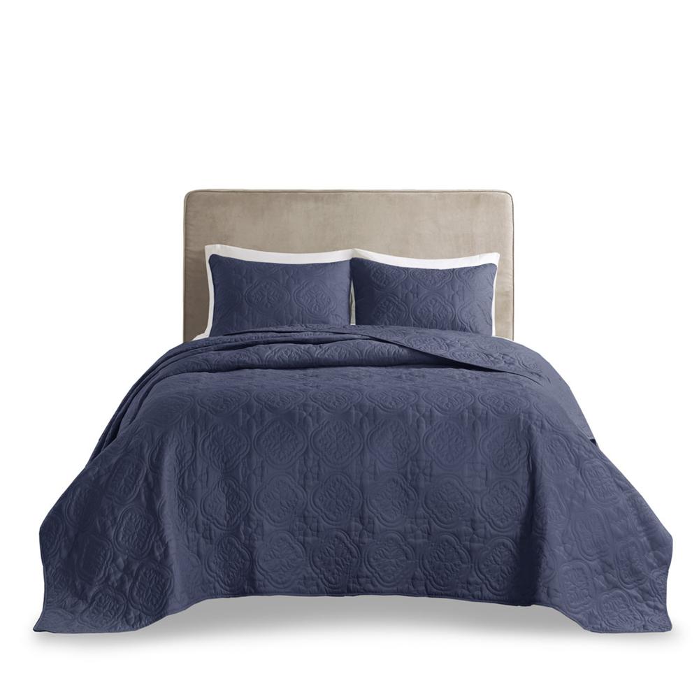 Oakley 3 Piece Reversible Bedspread Set, Navy color. Picture 1