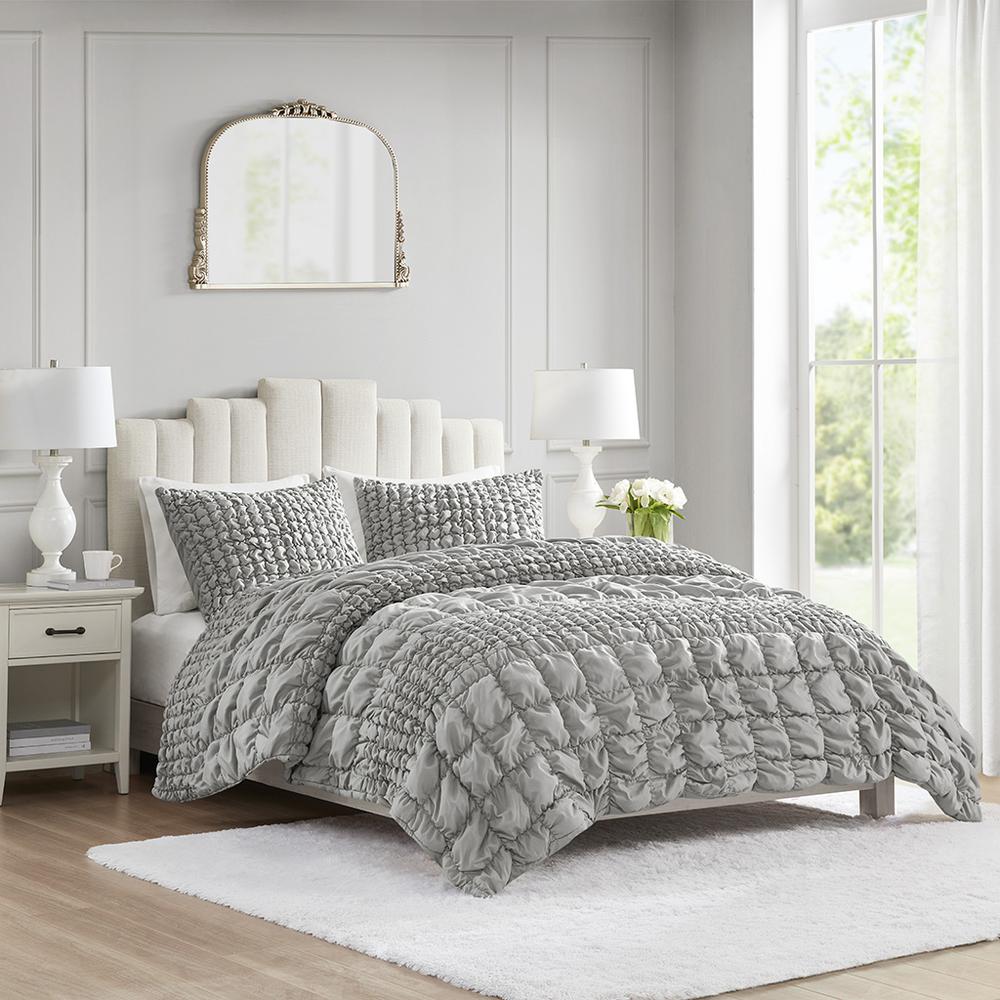 Evelyn 3 Piece Stripe Ruched Comforter Set, Grey color. Picture 1