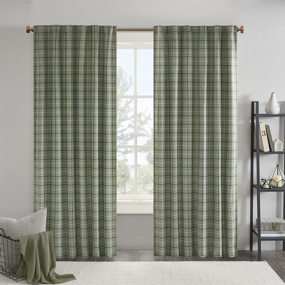 Plaid Rod Pocket and Back Tab Curtain Panel with Fleece Lining. Picture 1