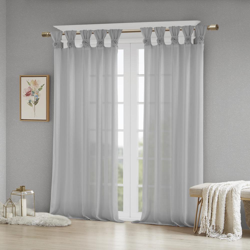 Floral Embellished Cuff Tab Top Solid Curtain Panel. Picture 2