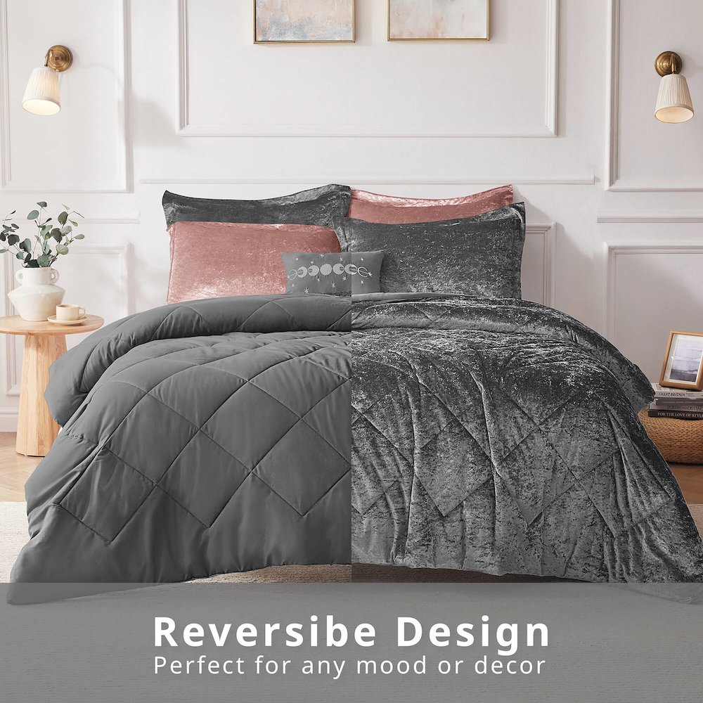 Felicia Velvet Duvet Cover Set with Throw Pillow, Grey color. Picture 2