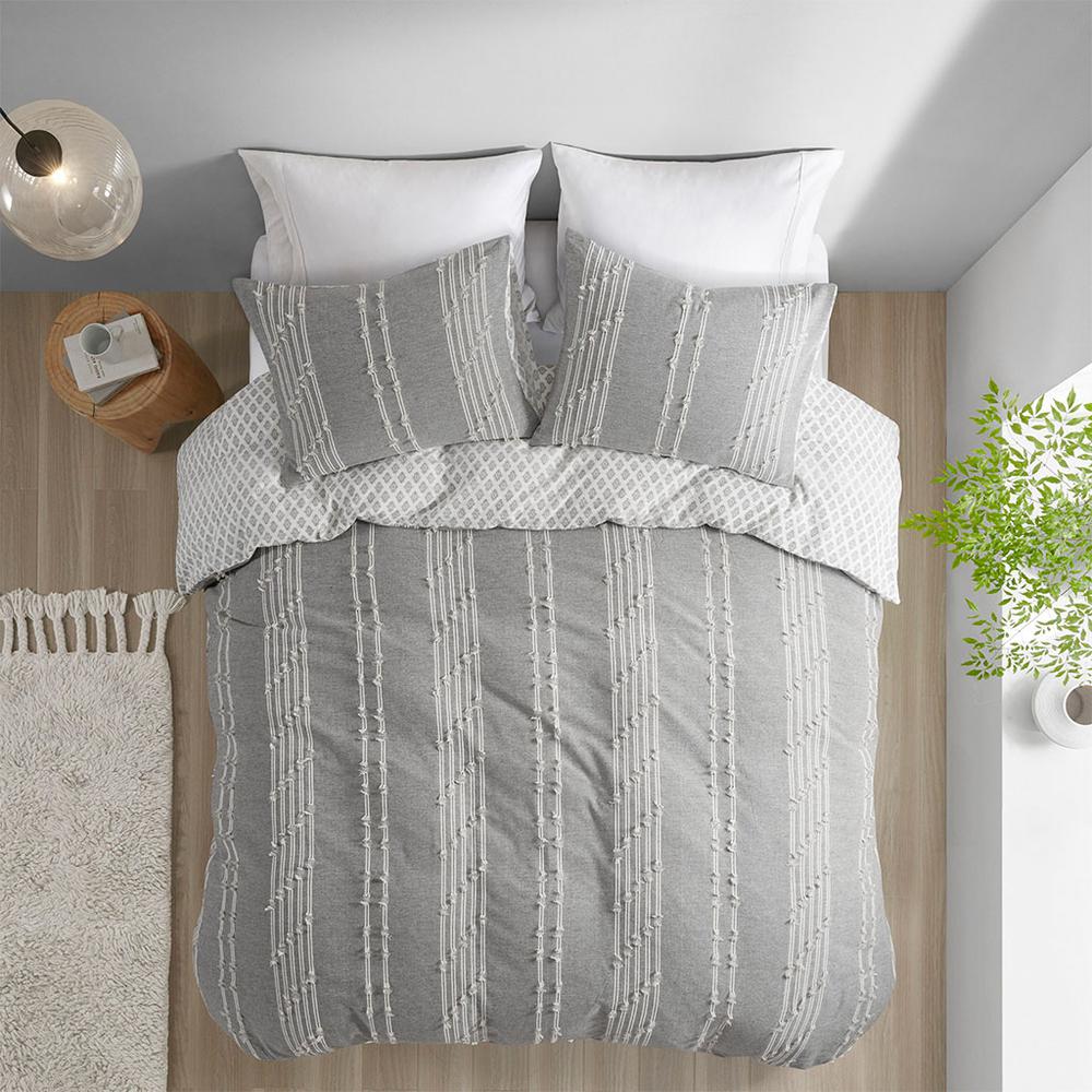 Kara 3 Piece Cotton Jacquard Duvet Cover Set, Gray color. Picture 1