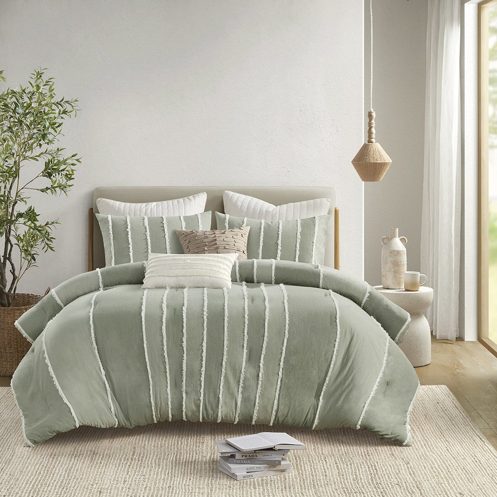 Shay 3 Piece Striped Cotton Comforter Set, Sage color. Picture 5