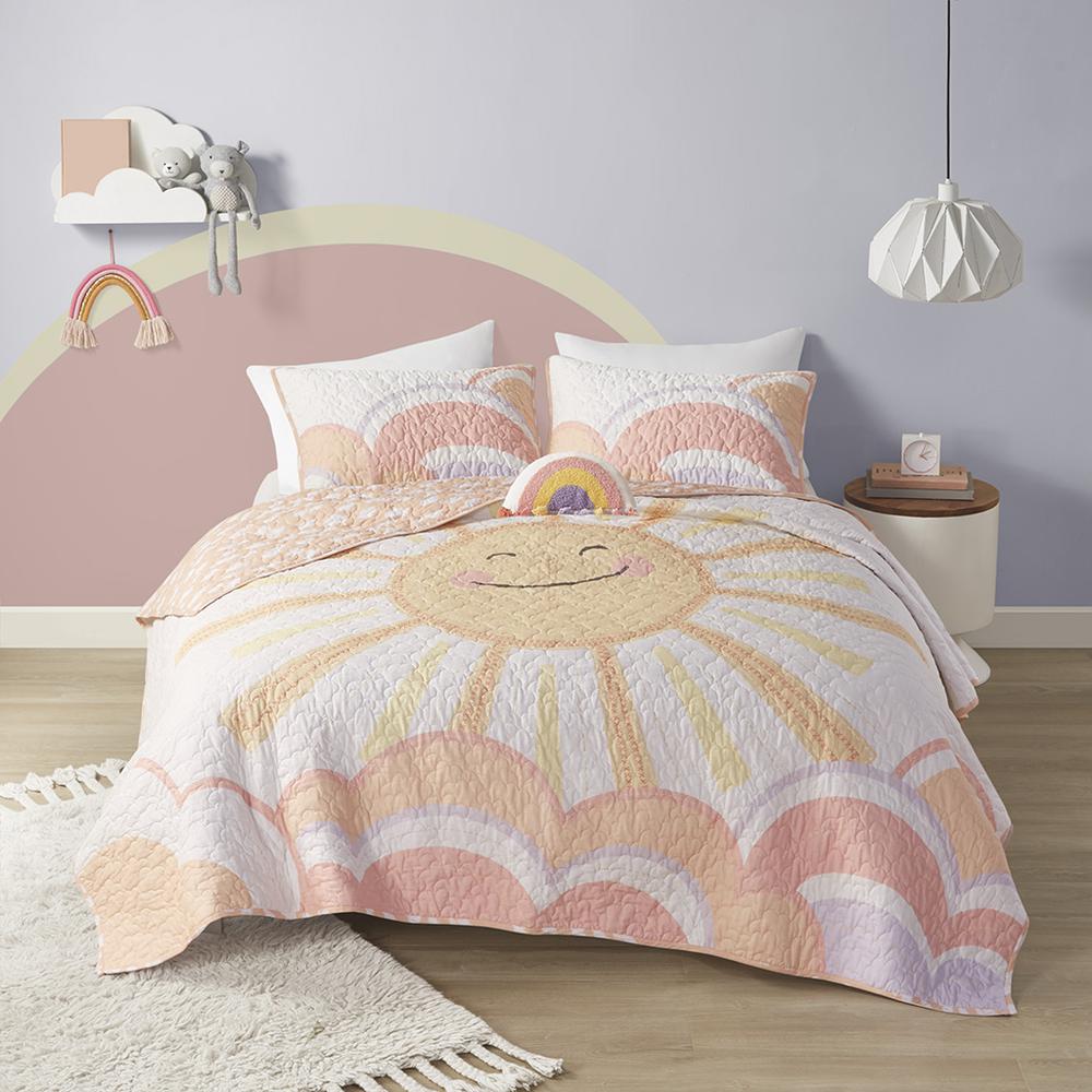 Reversible Sunshine Printed Cotton Quilt Set with Throw Pillow. Picture 2