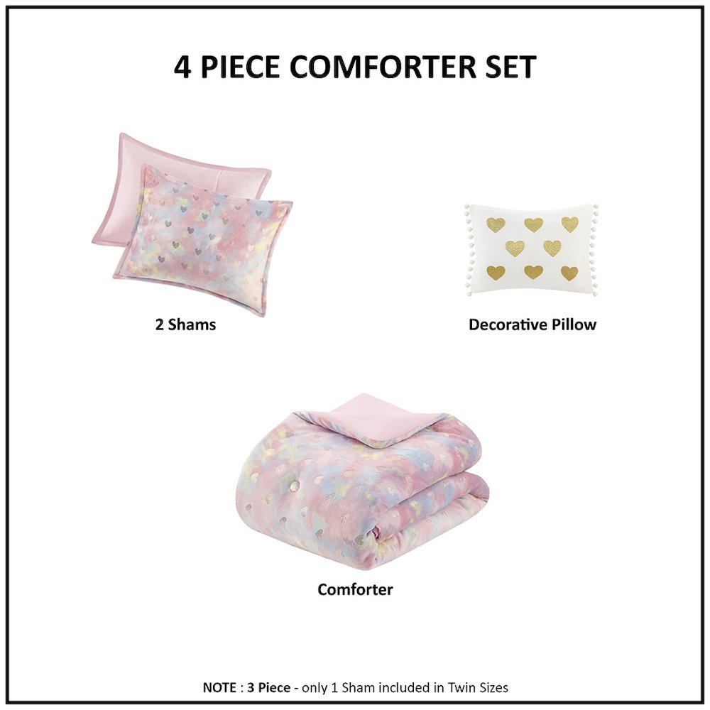 Metallic Printed Plush Comforter Set with Throw Pillow in Pink Multi/Gold Color. Picture 4