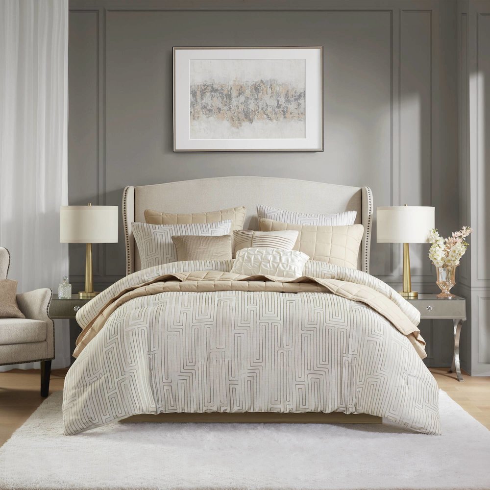Royce 10 Piece Luxury Jacquard Comforter Set, Ivory color. Picture 2