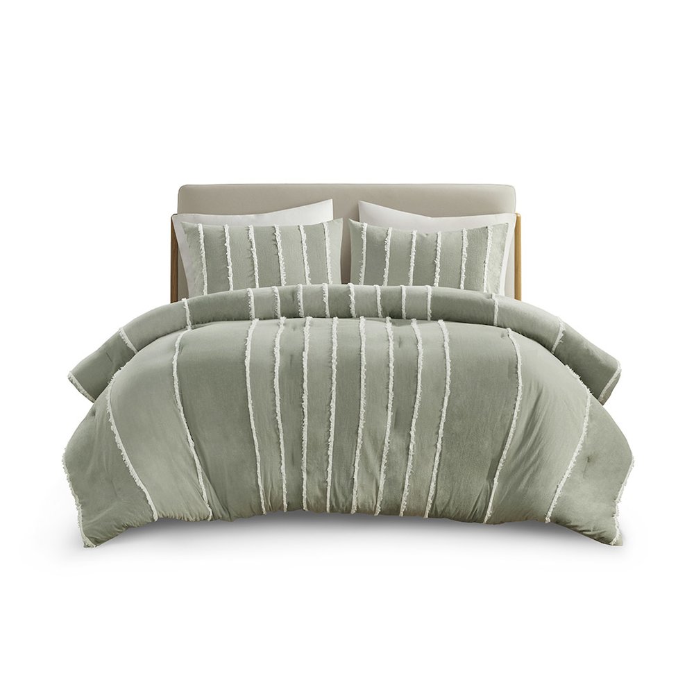 Shay 3 Piece Striped Cotton Comforter Set, Sage color. Picture 1