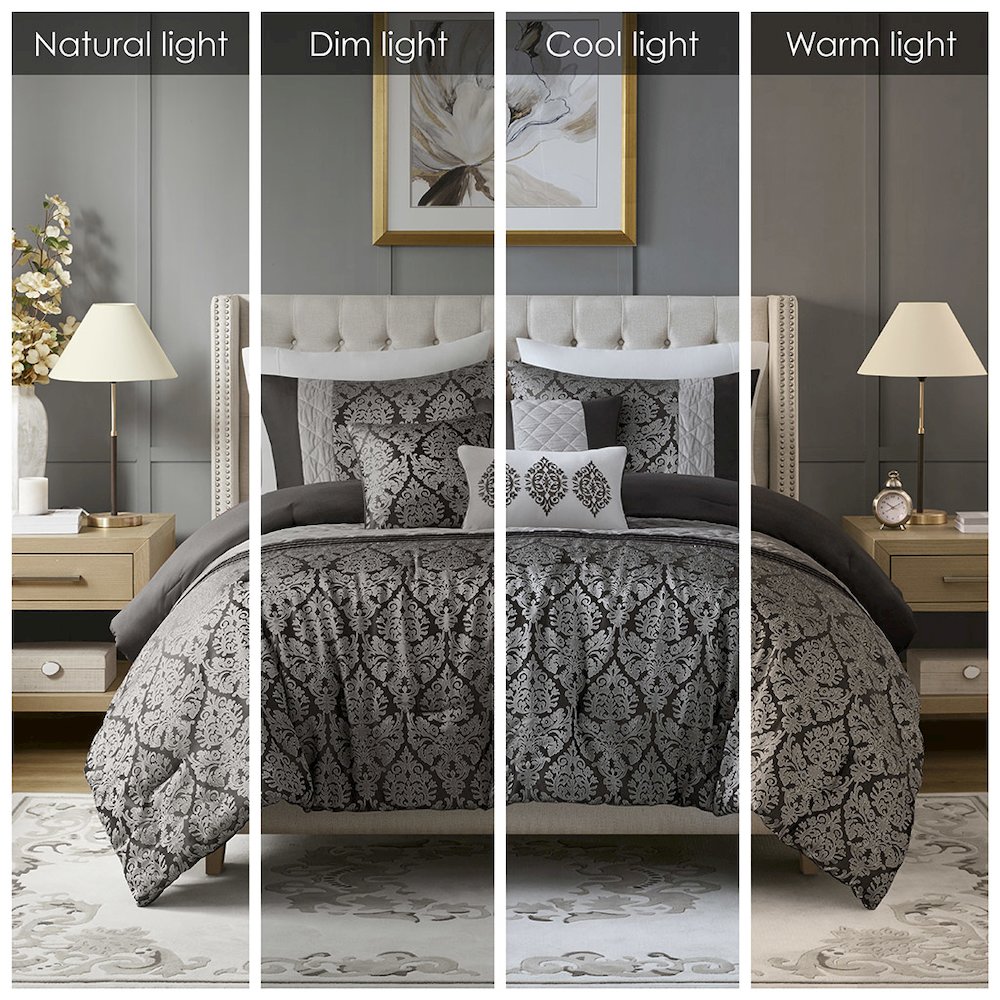 Lily 6 Piece Jacquard Comforter Set with Throw Pillows in Black Color. Picture 4