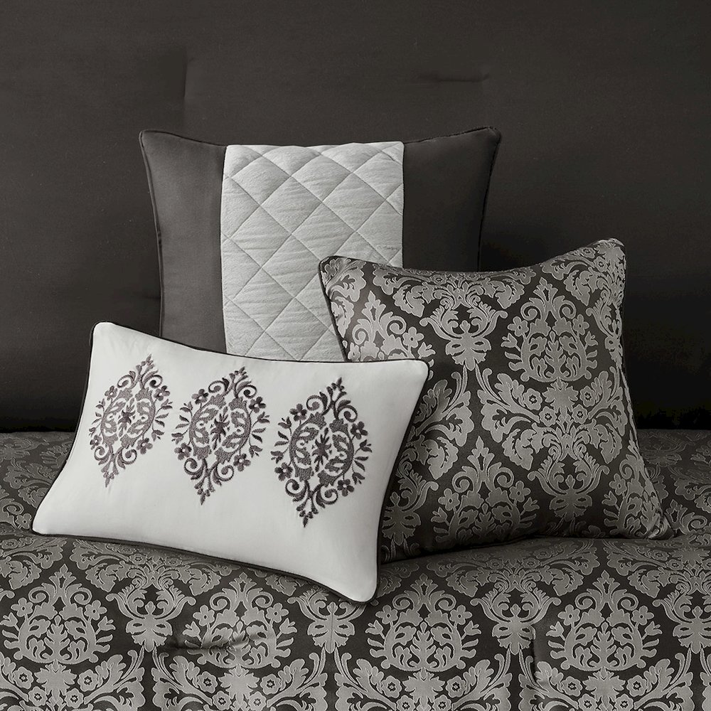 Lily 6 Piece Jacquard Comforter Set with Throw Pillows in Black Color. Picture 5