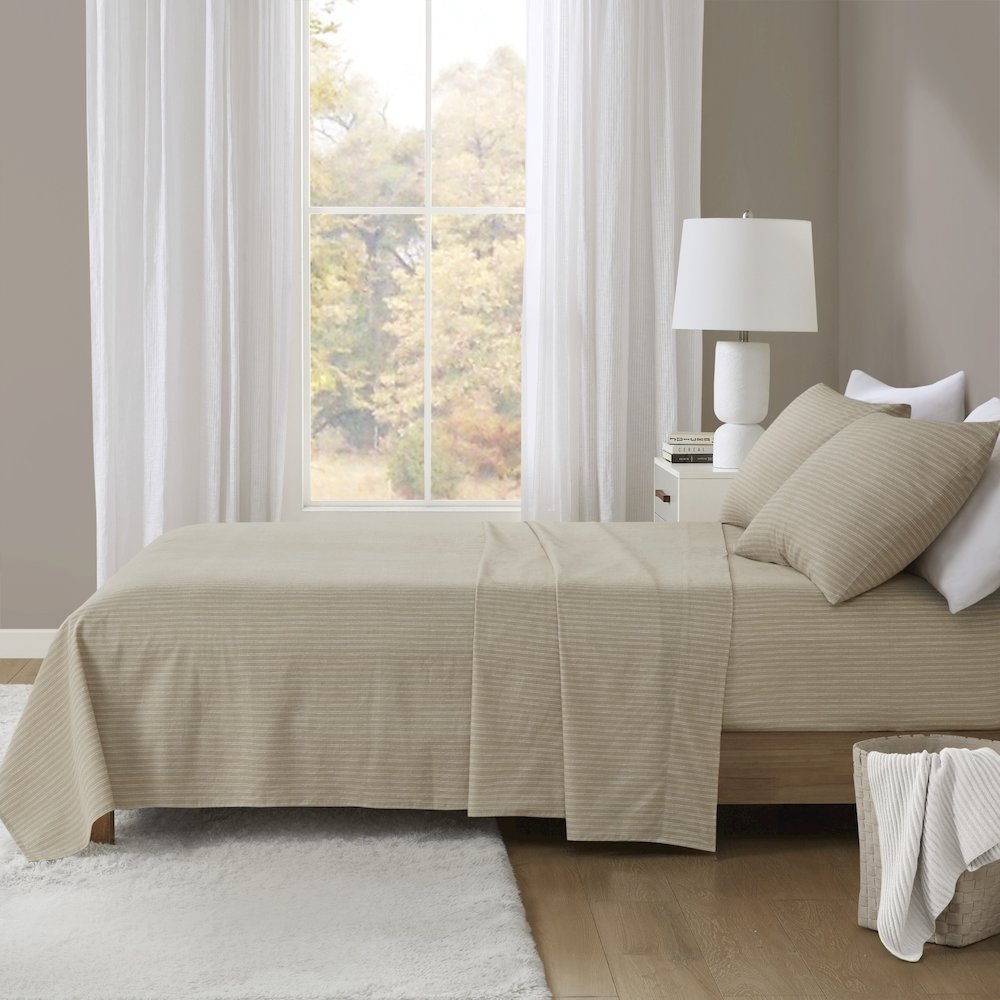 Cozy Flannel 100% Cotton Flannel Printed Sheet Set, Beige/White Stripes color. Picture 3