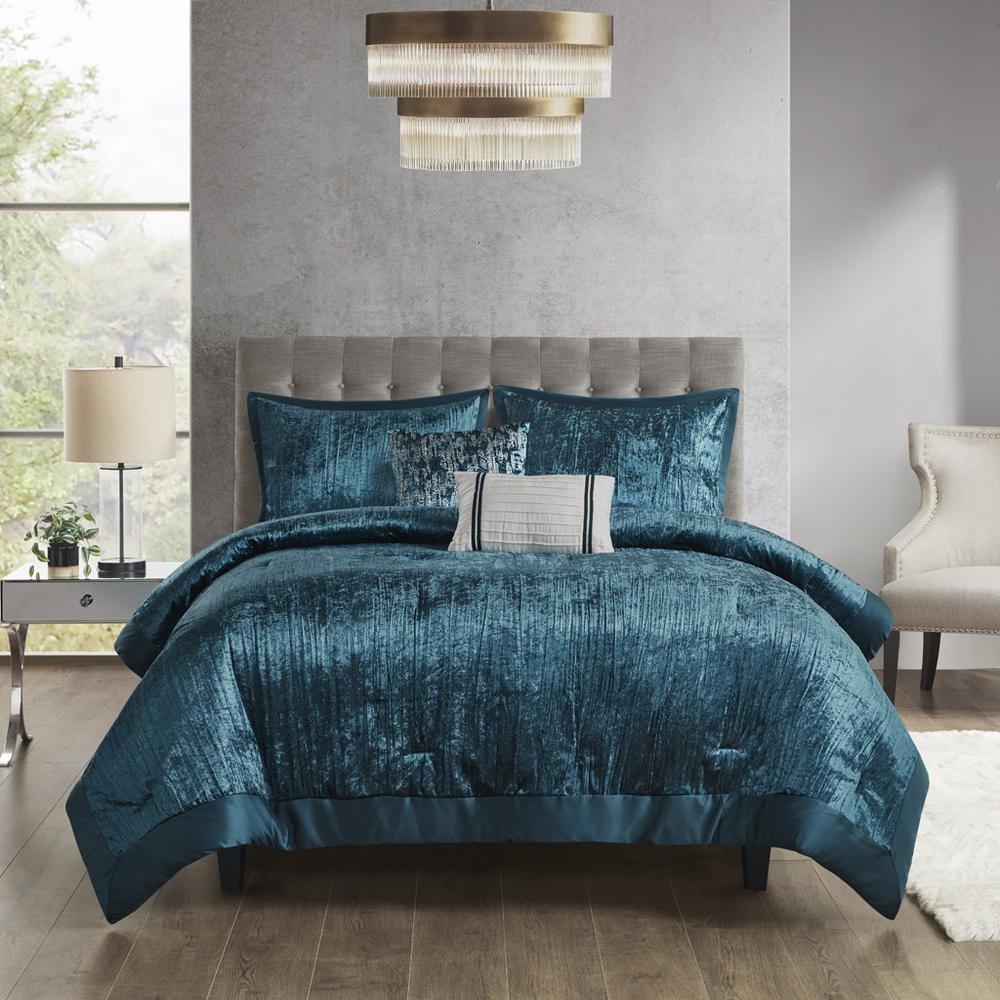 Lee 5 Piece Crinkle Velvet Comforter Set, Teal color. Picture 3