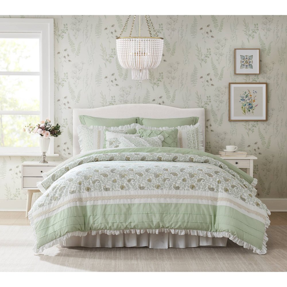 Dawn 9 Piece Cotton Percale Comforter Set, Sage Green color. Picture 3