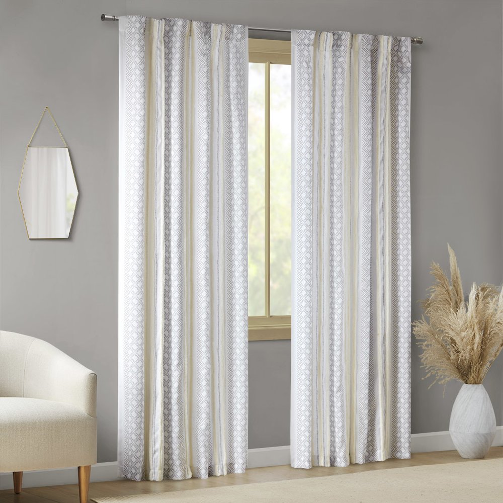 Ebby 2pk Poly Printed Curtain Panel with Tufted Stripe in White/Taupe Color. Picture 2