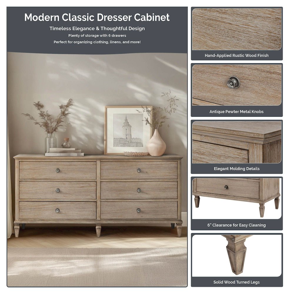 Victoria 6-drawer wood dresser (70"), Antique Cream color. Picture 3