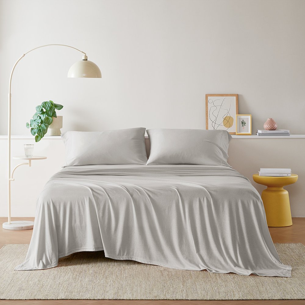 Cotton Blend Jersey Knit All Season Sheet Set, Grey color. Picture 1